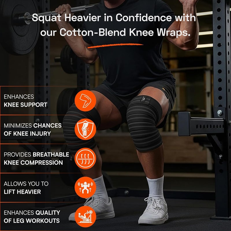 MaxOut360 Knee Wraps for Weightlifting (Pair), 78" Cotton Knee Wrap for Squats & WODs, Knee Straps for Powerlifting with Compression & Elastic Support, Black - Image 3
